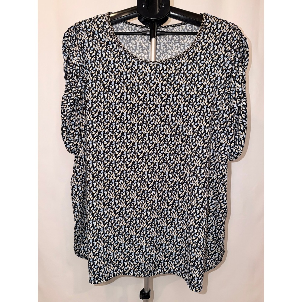 Max Studio London Puff Sleeve Floral Top Black Blue Women XL 3W02W38